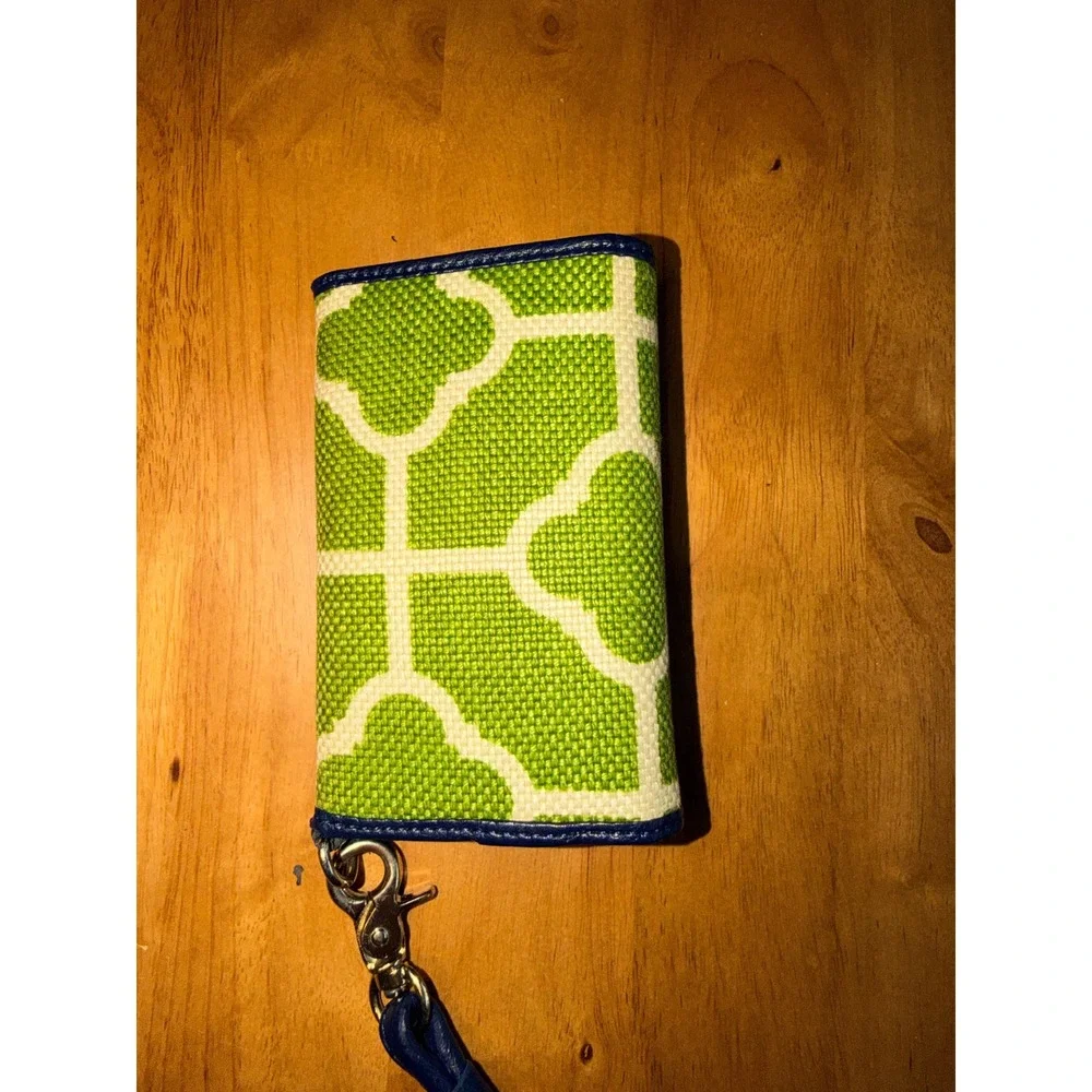 Spartina 449 Green Trellis Canvas Wristlet Wallet Navy‎ Blue Phone Case Trim